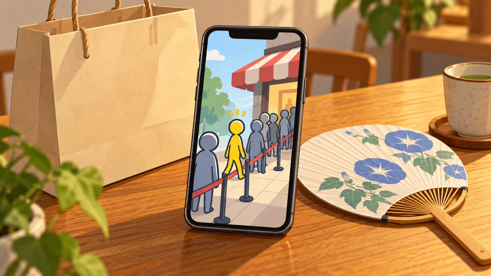 スマホの待合画面に並ぶ棒人間と、うちわと紙袋