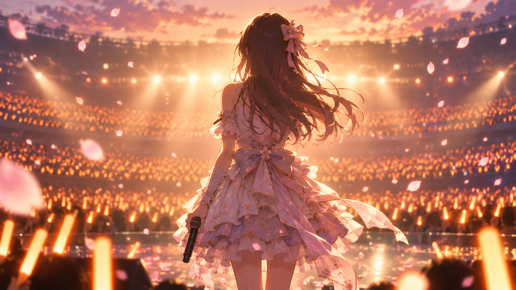 ステージに立つアイドルのシルエットとオレンジのペンライト