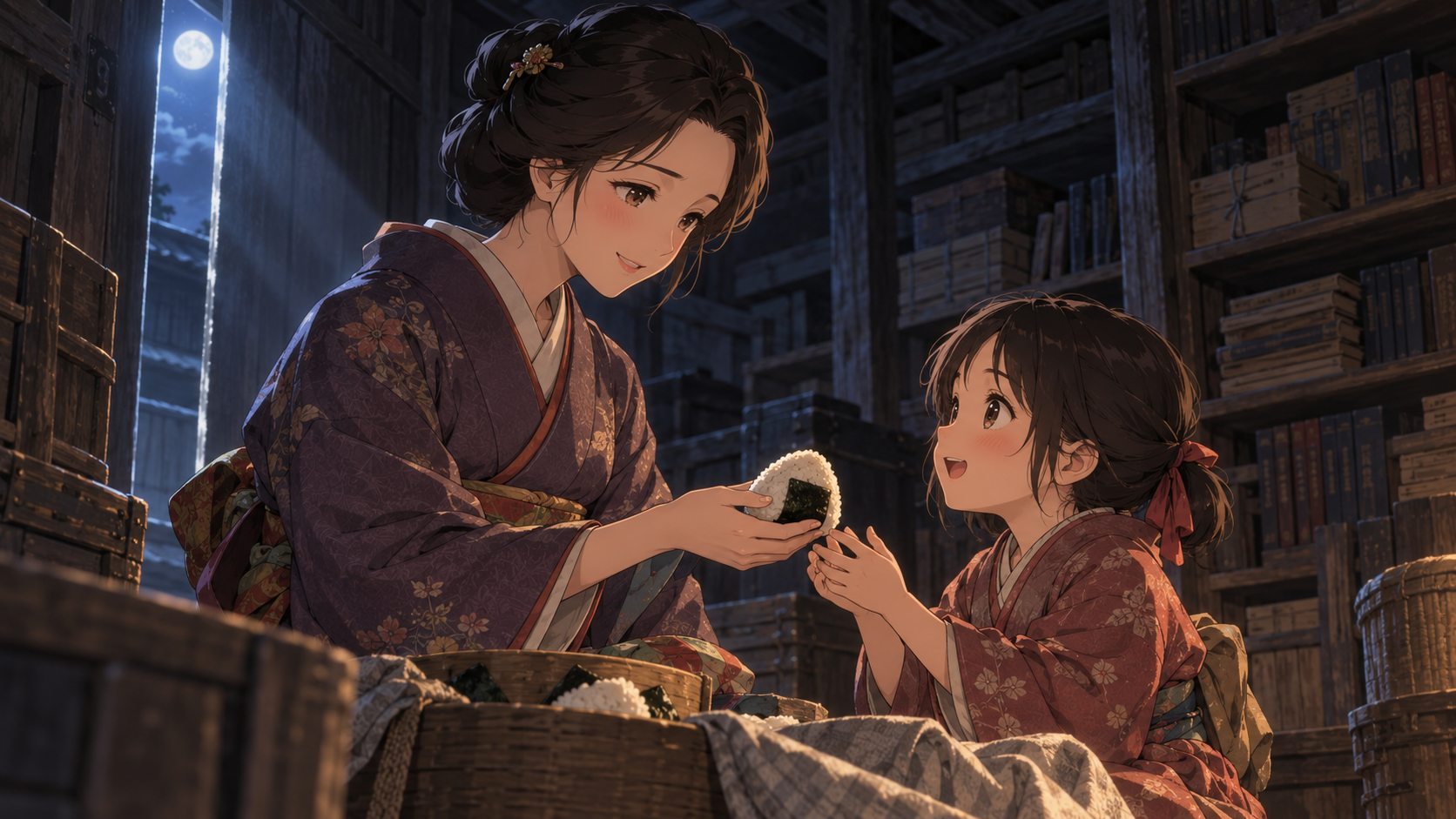 蔵でおにぎりを分け合う母娘のイメージ