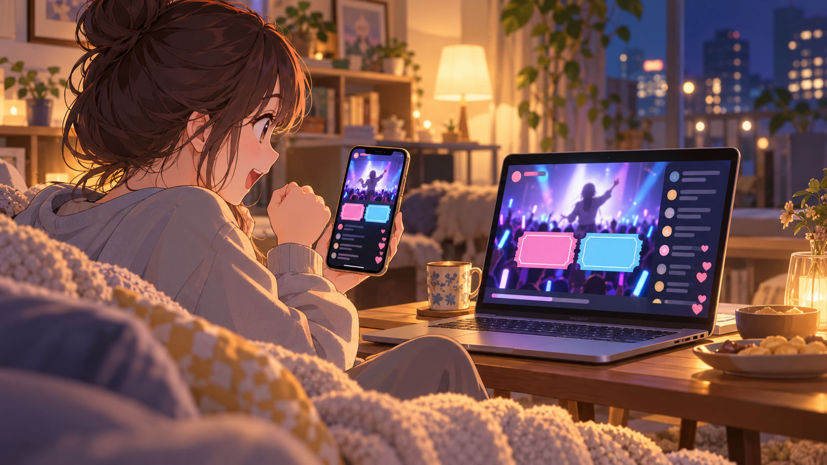 自宅で配信チケットを見比べるイラスト
