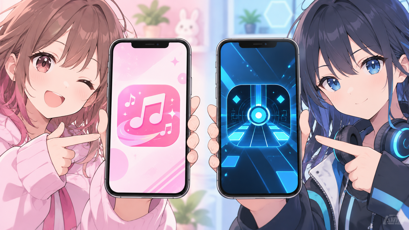 別タイトルのリズムゲームを示す2台のスマホ