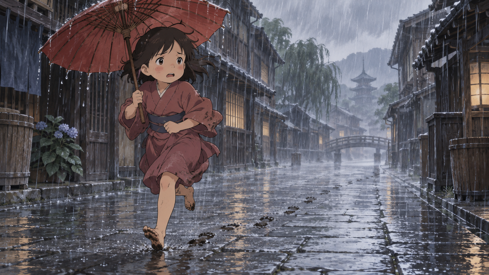 大雨の中を裸足で走る少女のイメージ