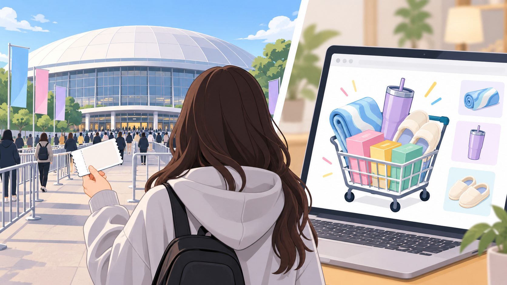 ドーム会場の整理券と、自宅の通販カートを見比べる後ろ姿