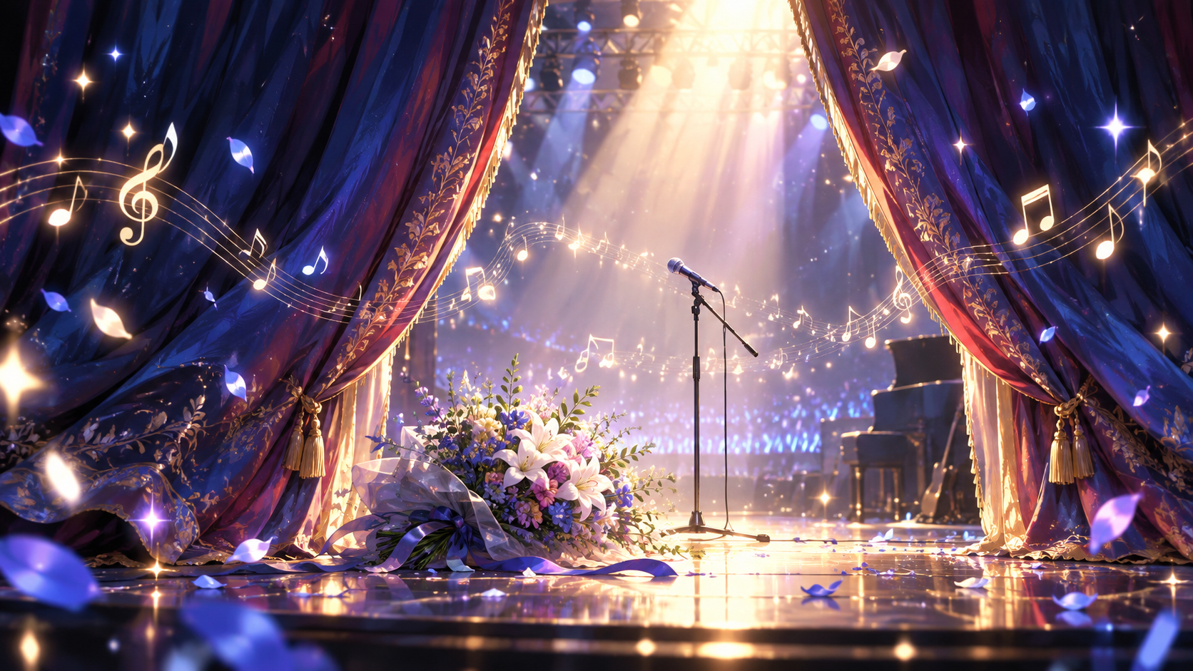 開演前のステージと花束をイメージしたイラスト
