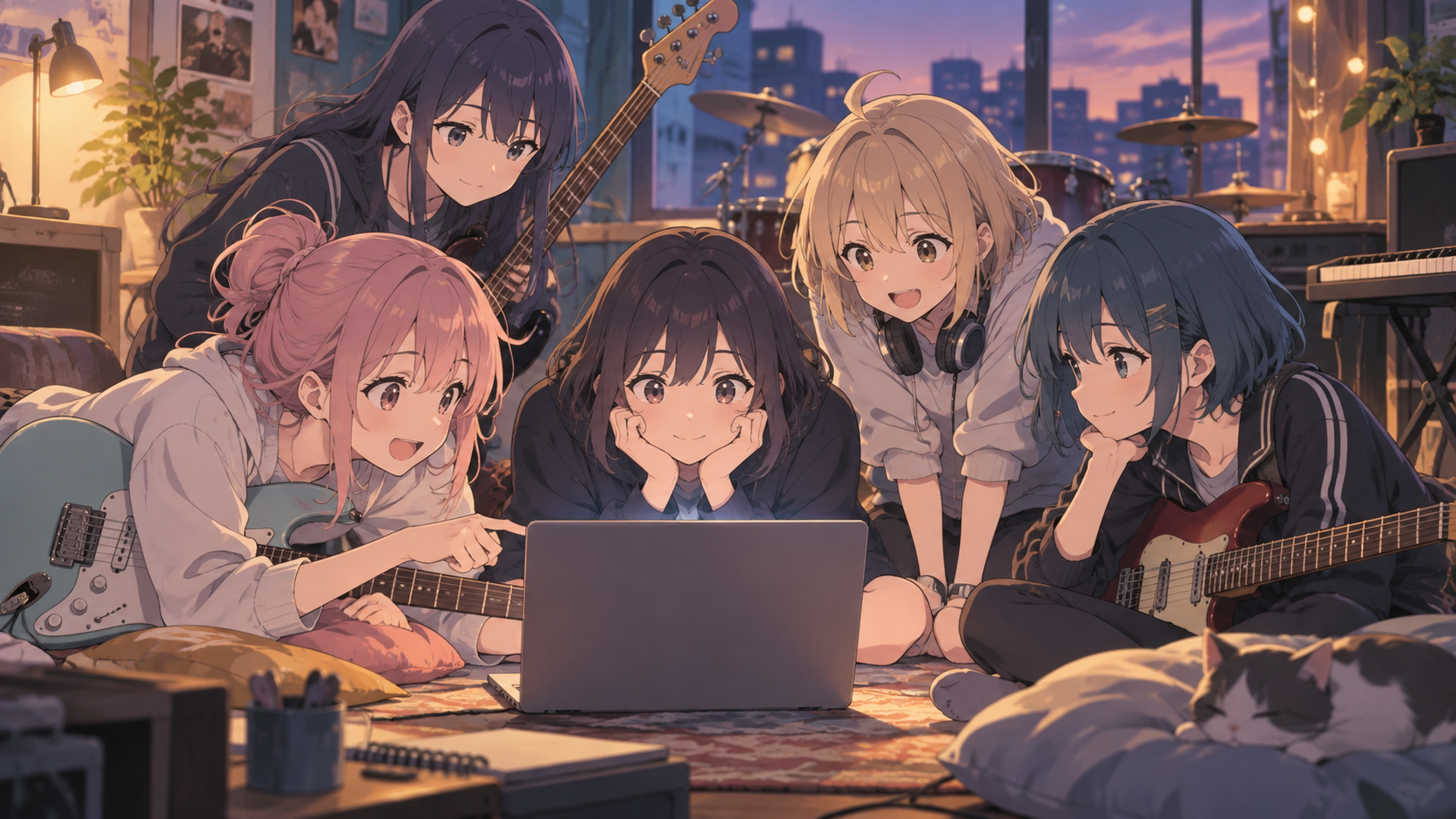 バンドストーリーを読みながら練習するメンバーのイメージ