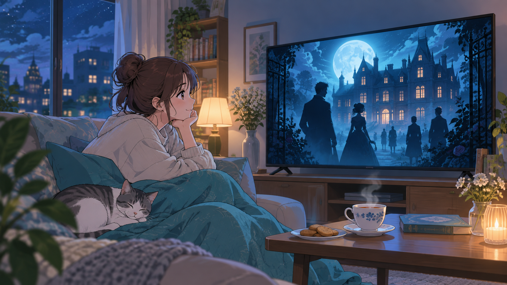 家で配信ドラマを見る生活シーンのイラスト