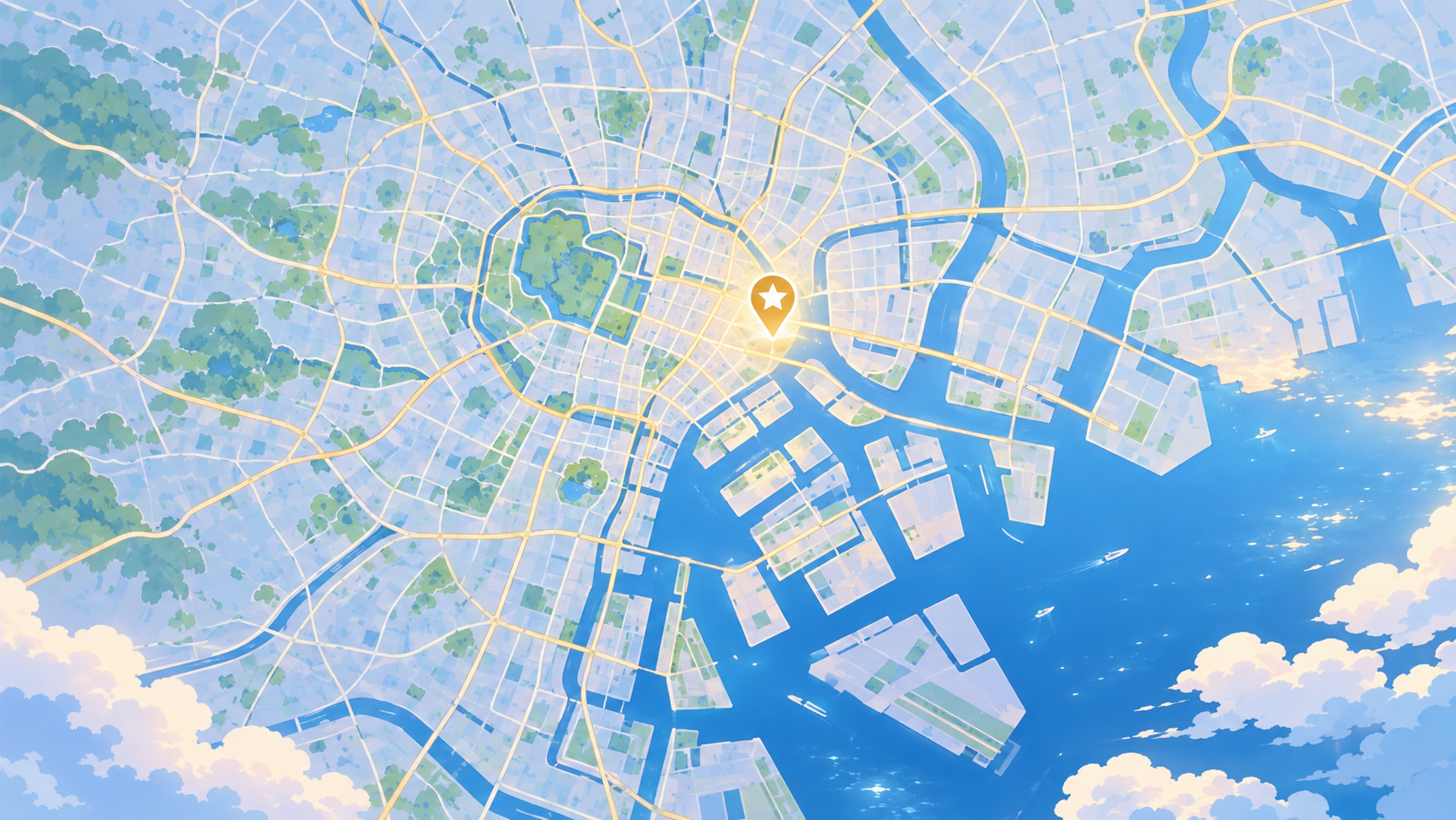 東京エリアの抽象地図にピン（住所未発表のイメージ）