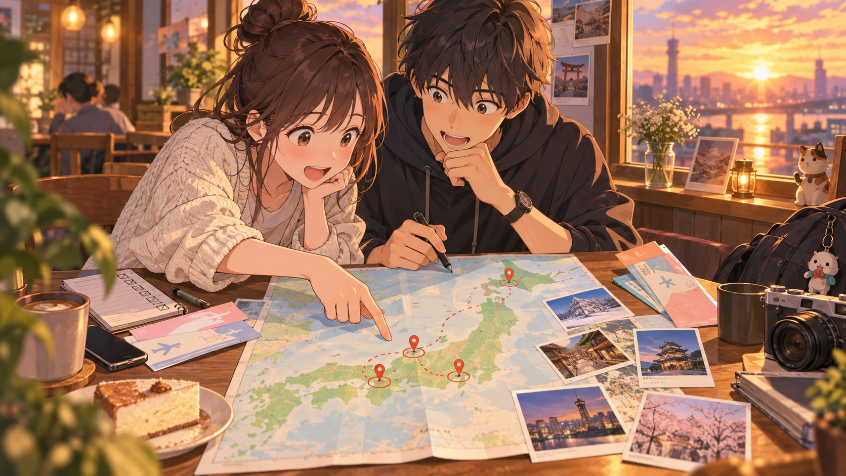 カフェで地図を見ながら巡回会場を探すファンのイラスト