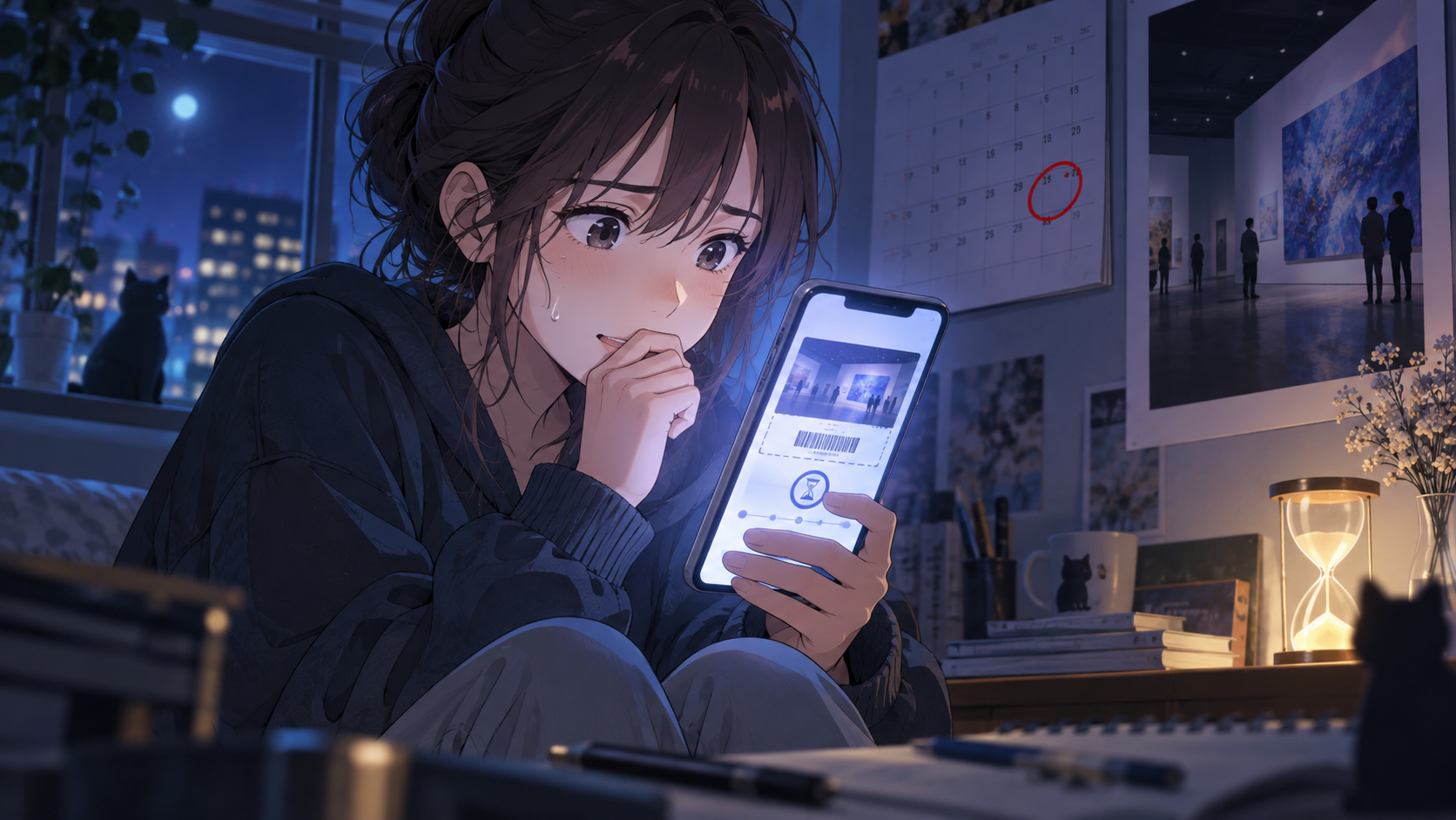夜の部屋でスマホのチケット画面とカレンダーを確認するイラスト