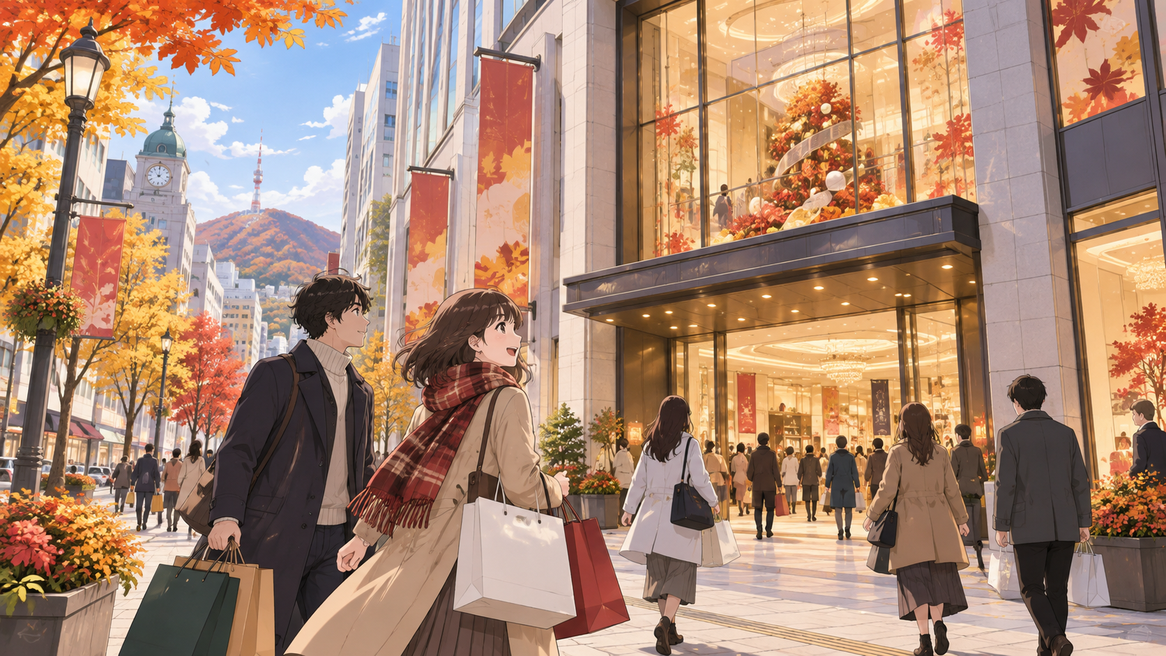秋の百貨店へ向かう来場者のイラスト