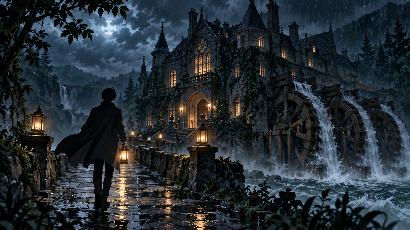 水車館へ向かう人物のシルエットと夜の館の雰囲気イラスト
