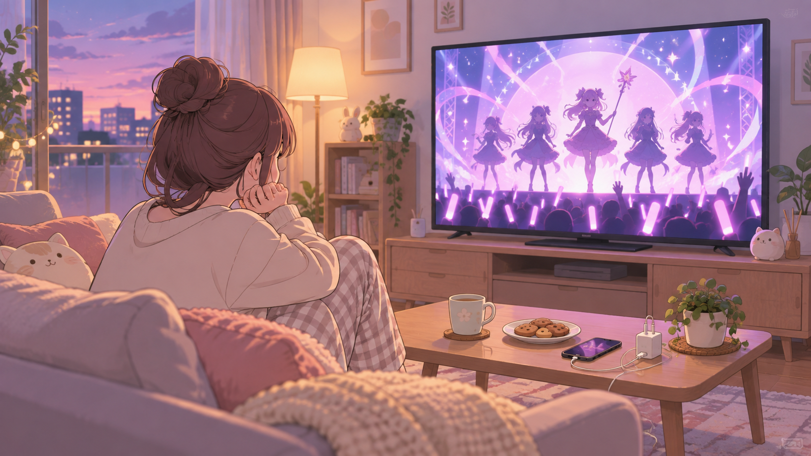 リビングでまどドラ系の生放送を待つ視聴シーンのイラスト