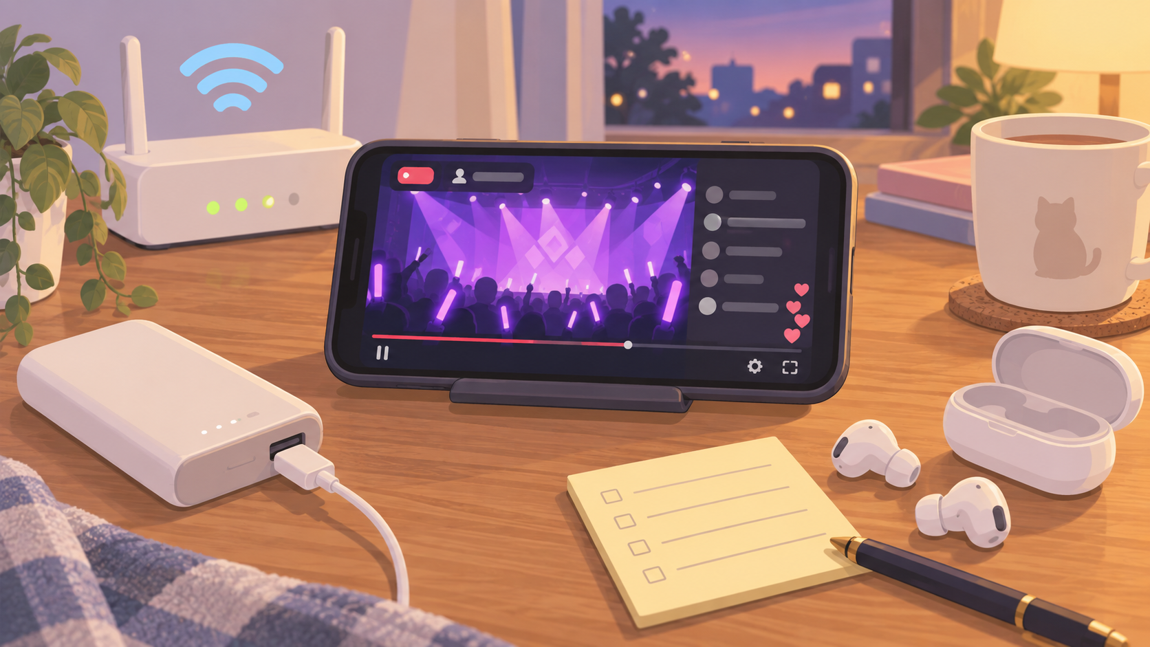 配信前にスマホと充電・回線を用意するチェックのイラスト