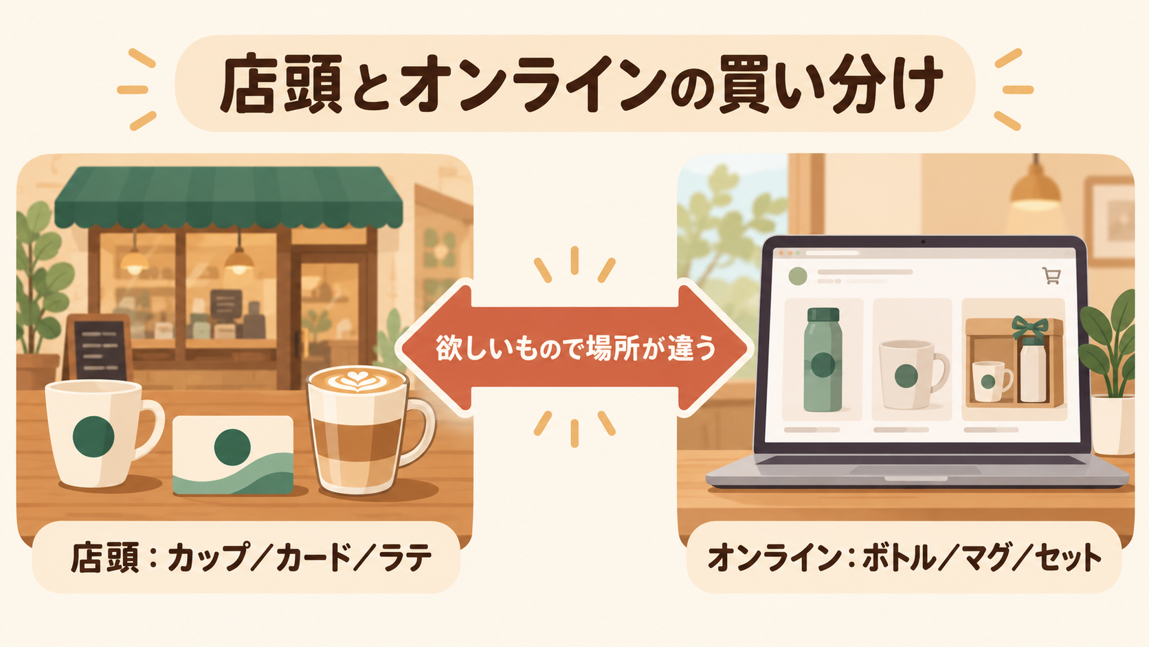 店頭はカップ・カード・ラテ、オンラインはボトル・マグ・セットの買い分け図
