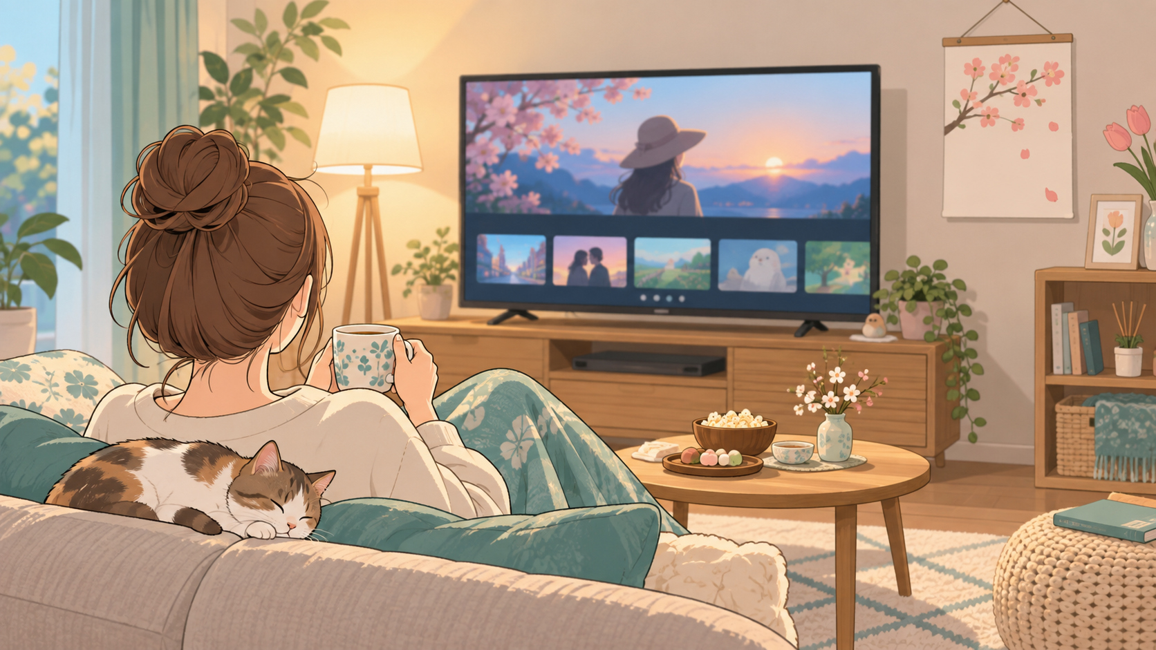 家で配信ドラマを見る生活シーンのイラスト
