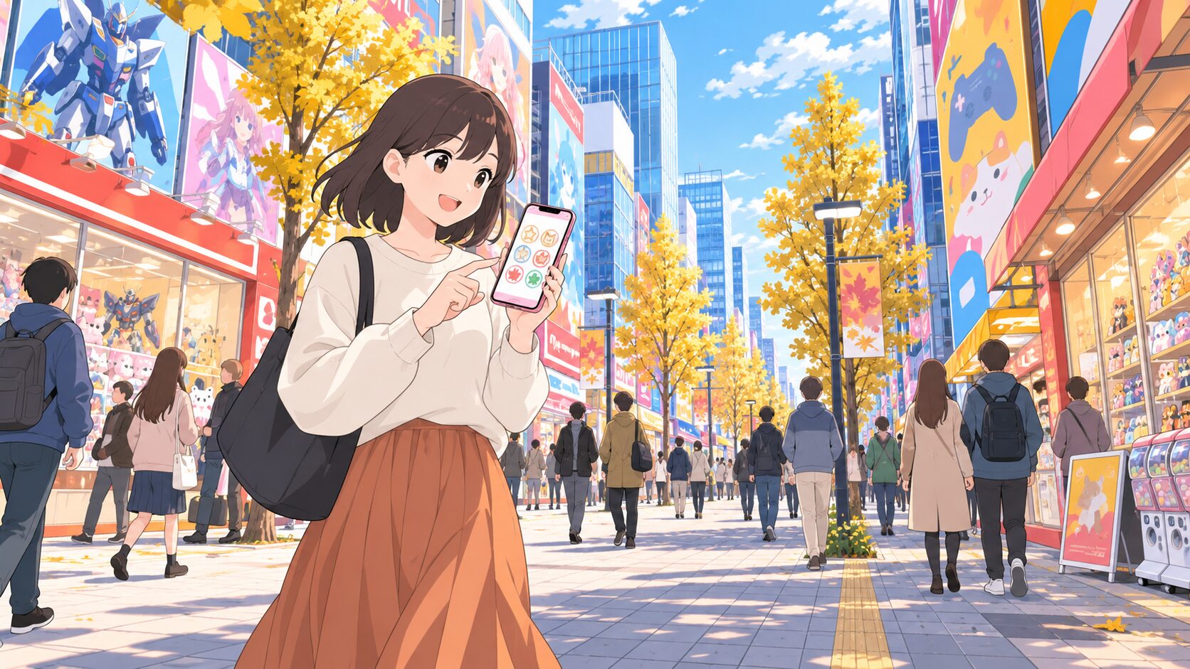 秋葉原の街で、スマホのスタンプ画面を見ながら歩く人