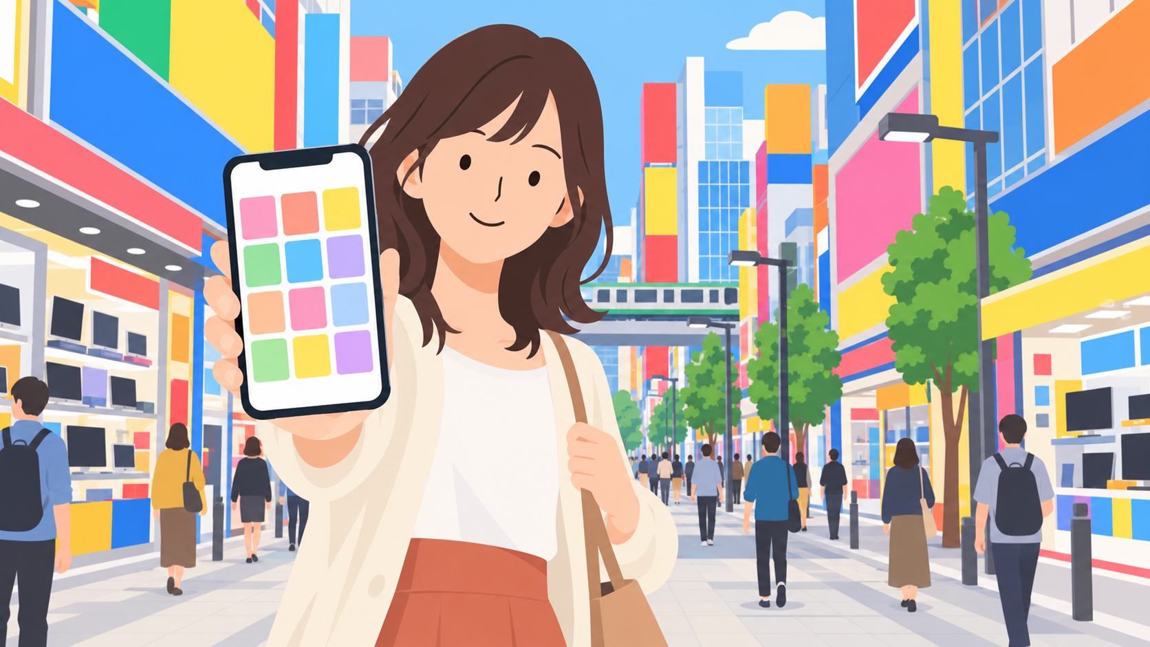 秋葉原の街で、スマホのスタンプ画面を見ながら歩く人