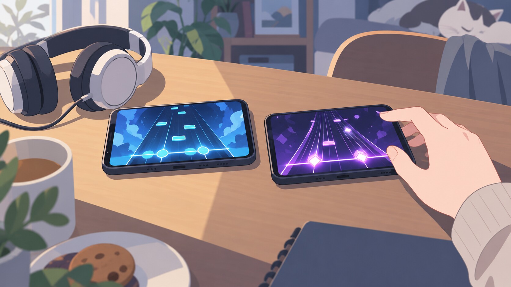別タイトルのリズムゲームを示す2台のスマホ