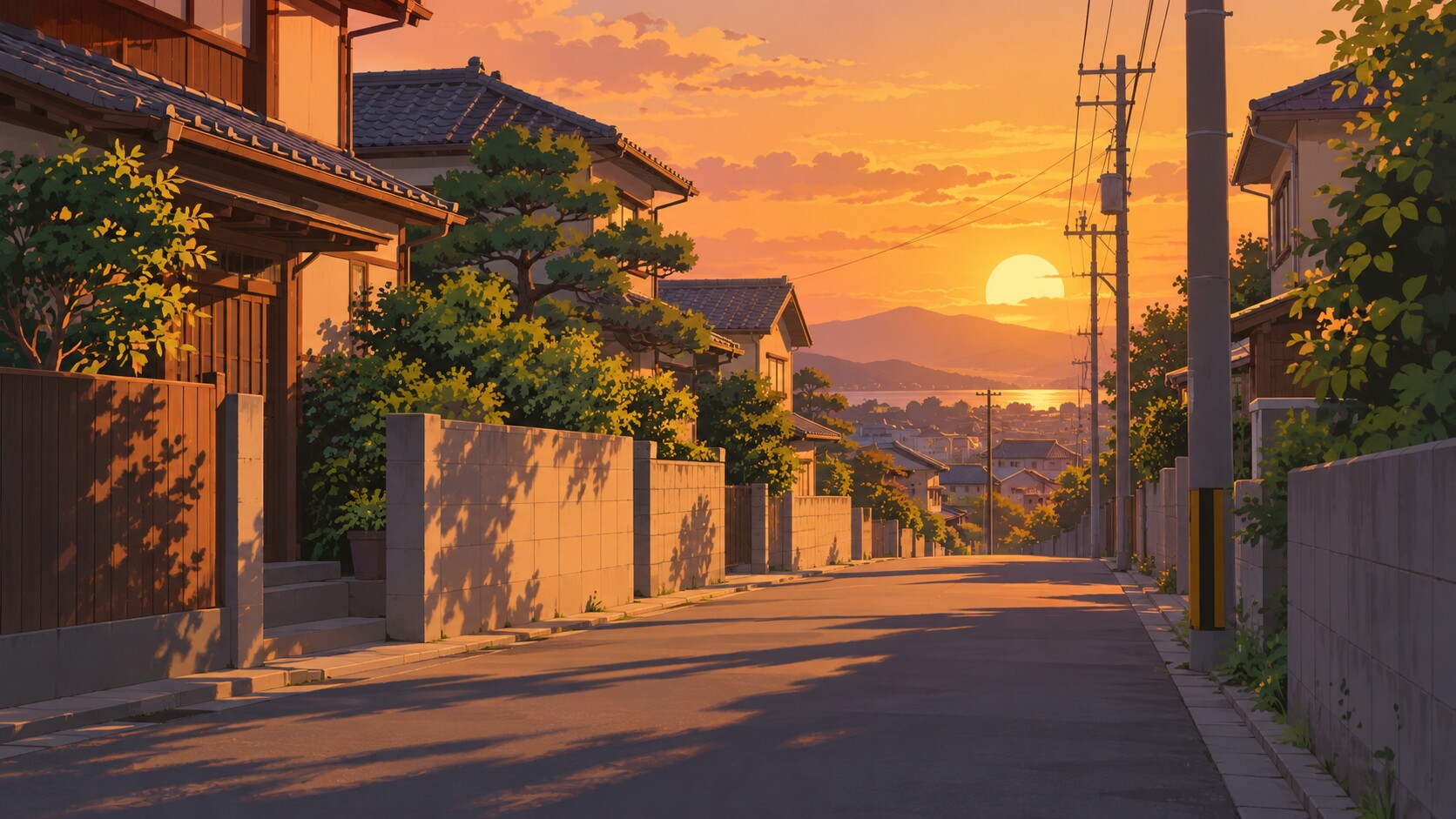 夕暮れの住宅街、人のいない道