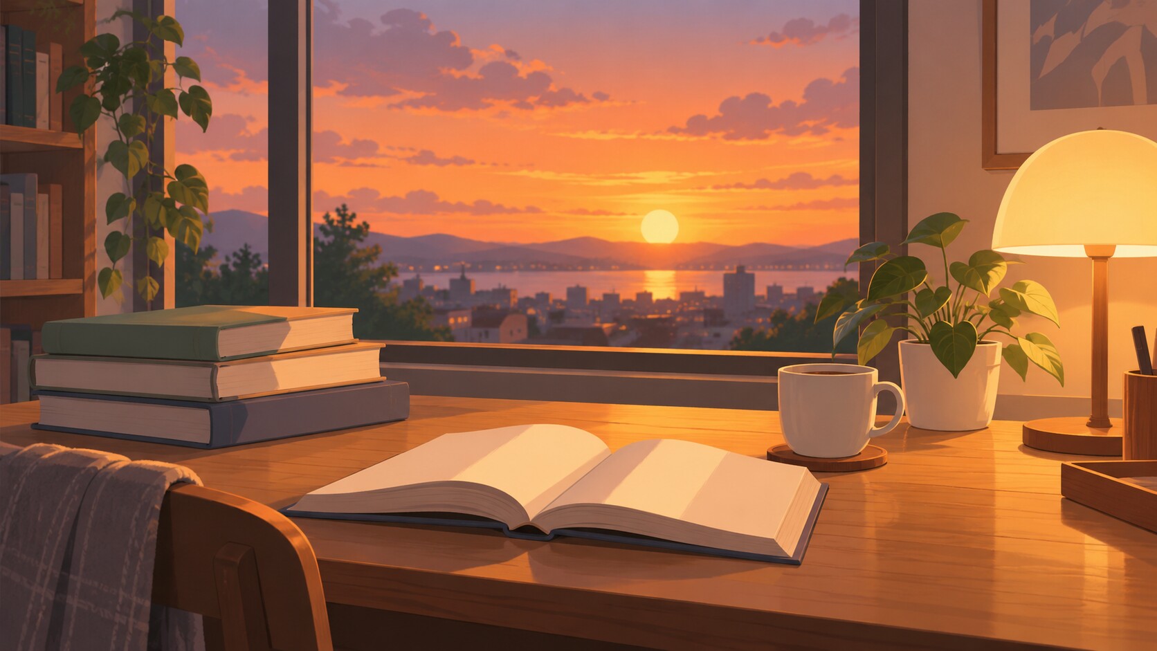 夕暮れの机に積んだ無地の本