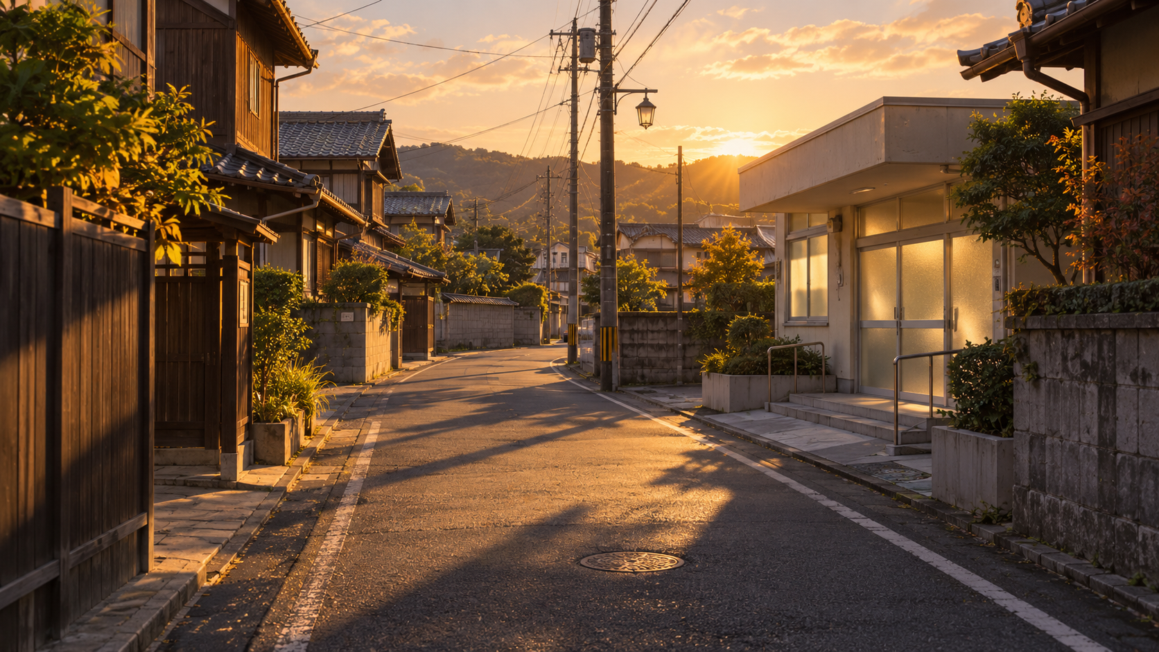 夕暮れの住宅街、人のいない道