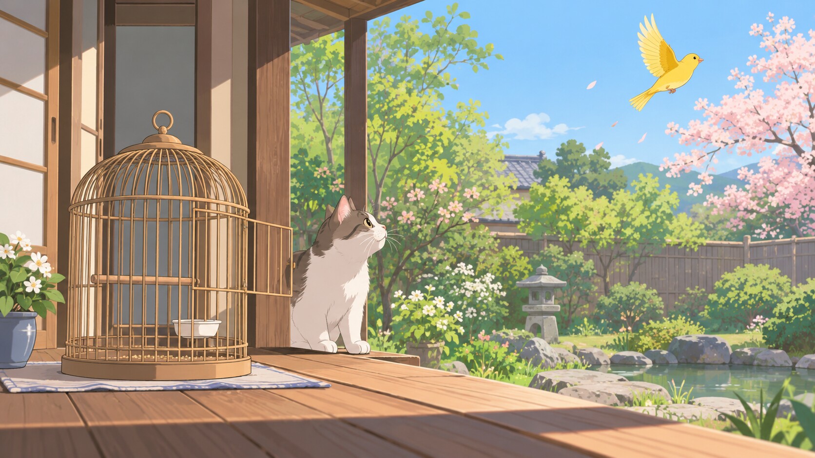 空の鳥かごからカナリアが飛び立つイメージ
