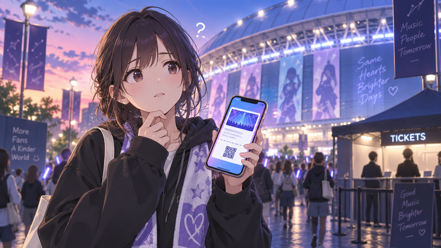 会場前で当日券とスマホを確認するイメージ