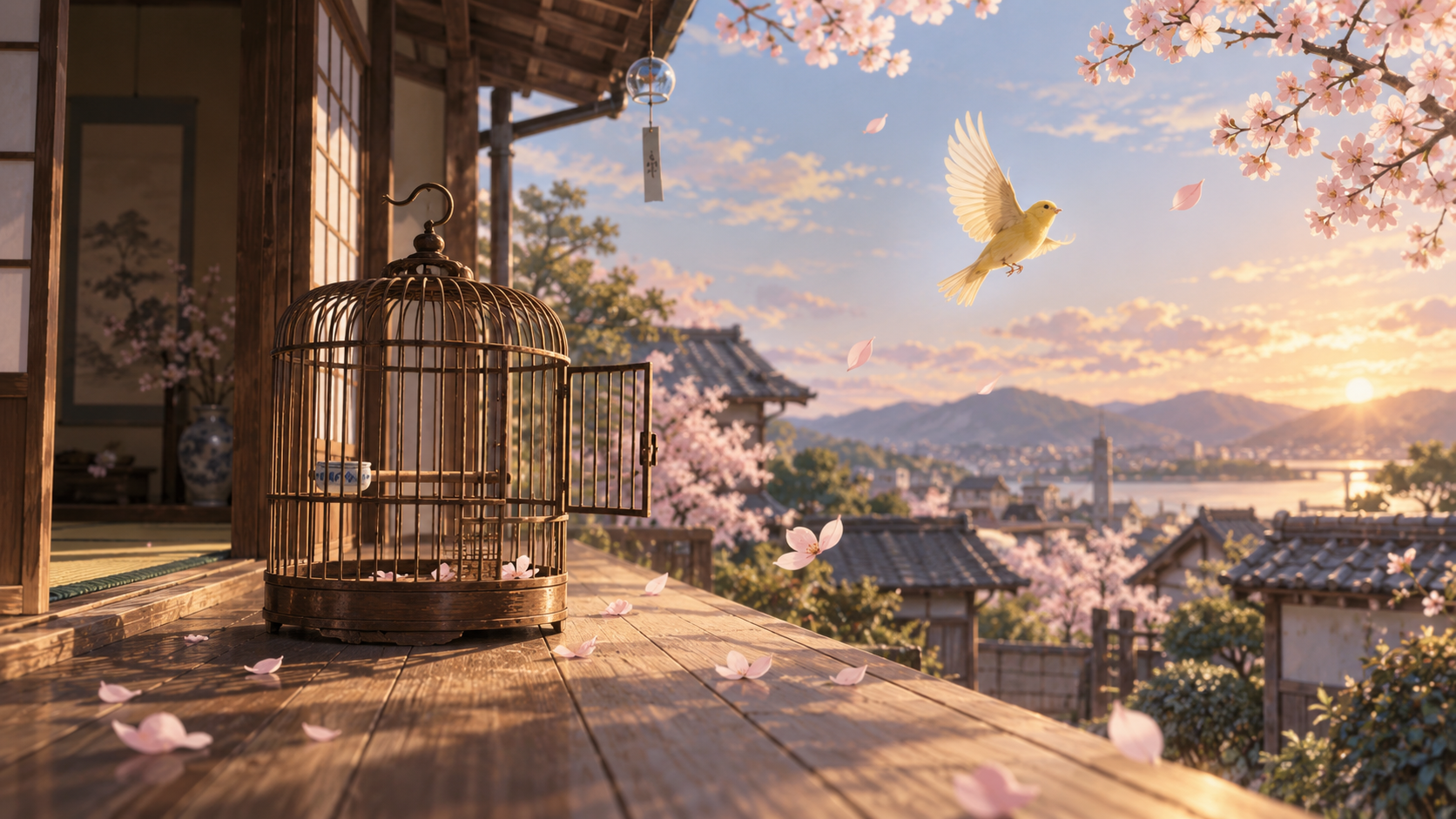 空の鳥かごからカナリアが飛び立つイメージ