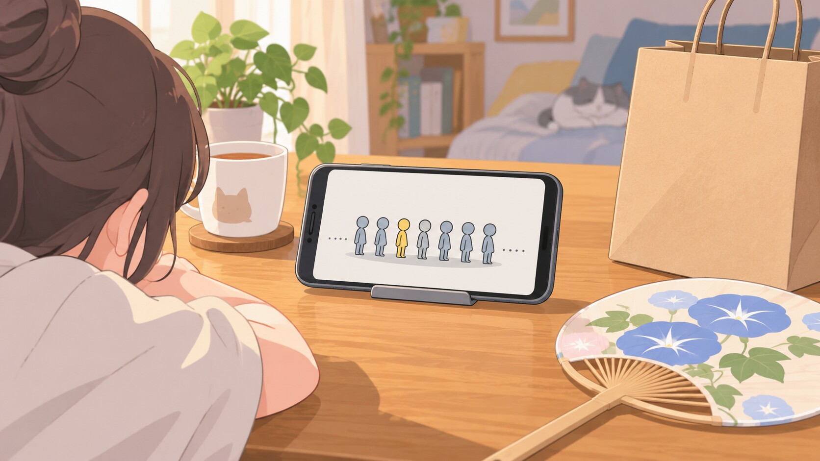 スマホの待合画面に並ぶ棒人間と、うちわと紙袋