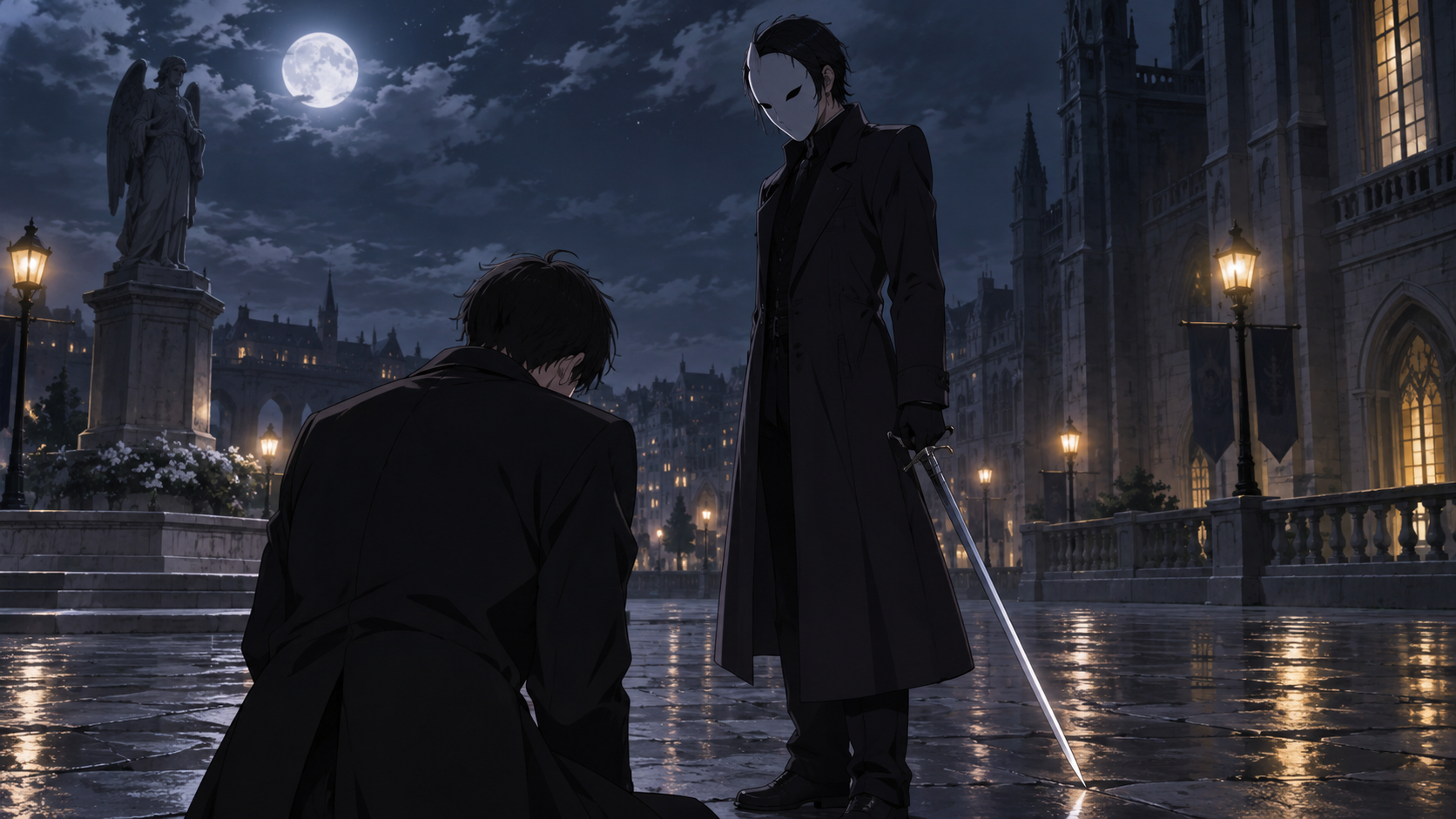 夜の広場で、仮面の人物と向かい合うオリジナルの二人