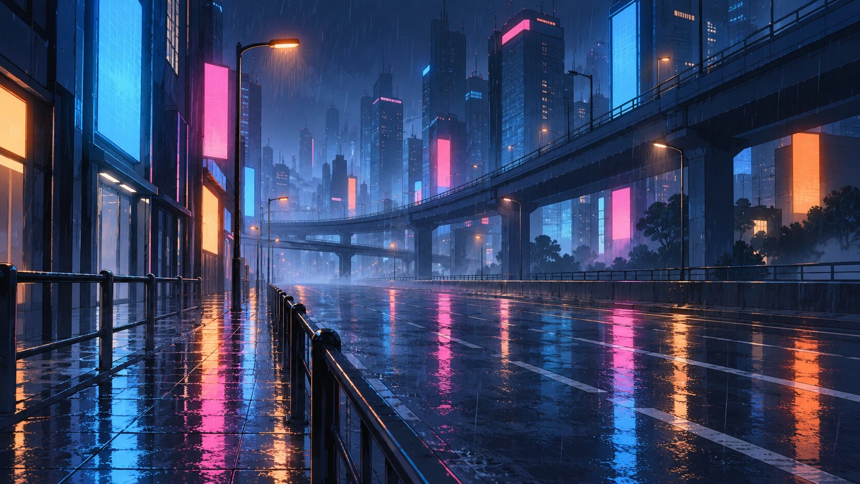 雨のネオン街路、人のいない夜景