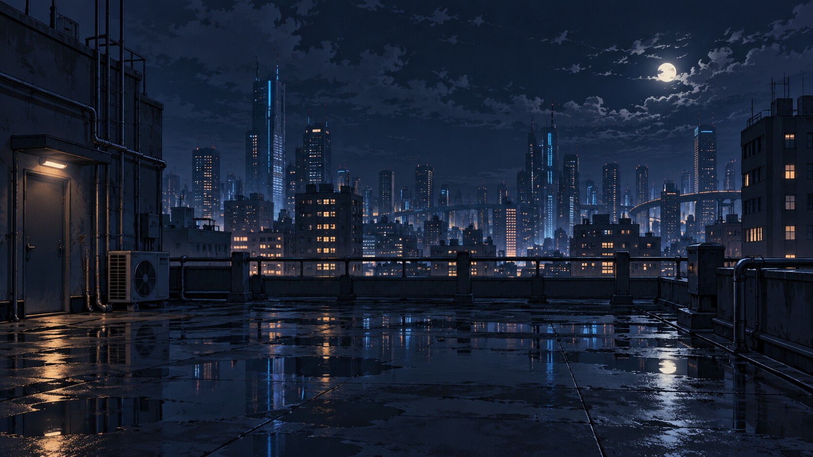 人のいない夜の屋上と都市