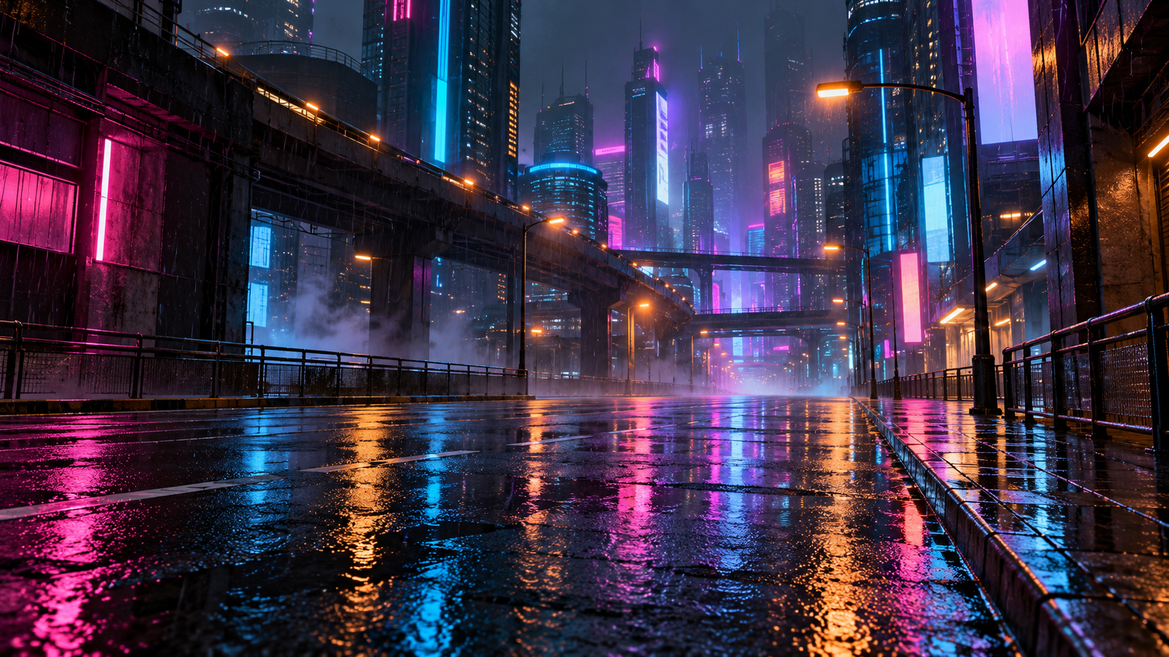 雨のネオン街路、人のいない夜景