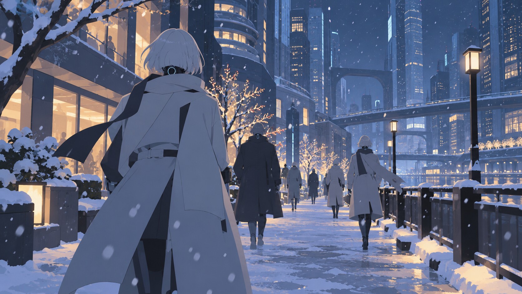 雪の夜の街を歩く人型の後ろ姿