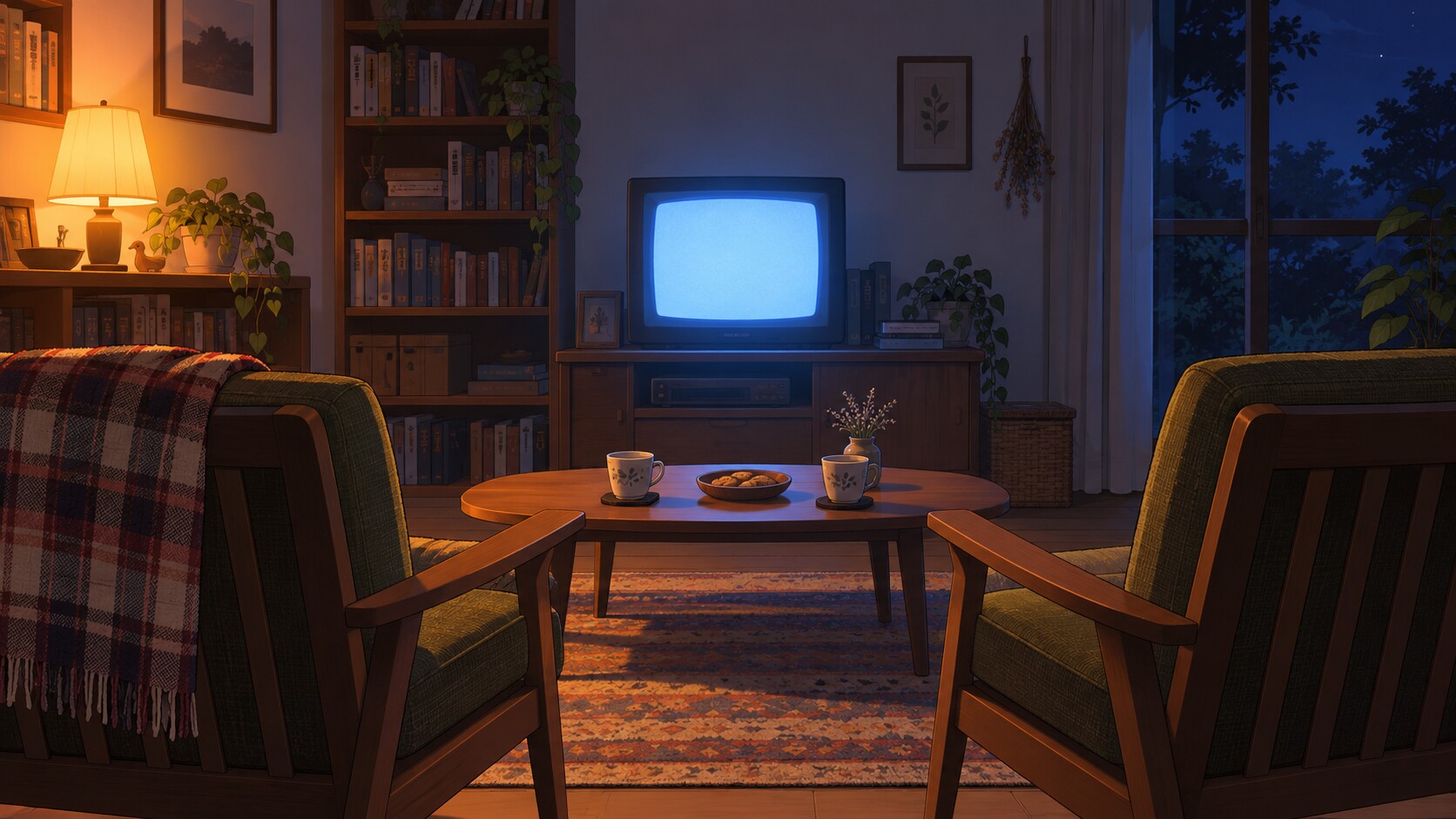夜の部屋で空席がブラウン管の画面に向いている