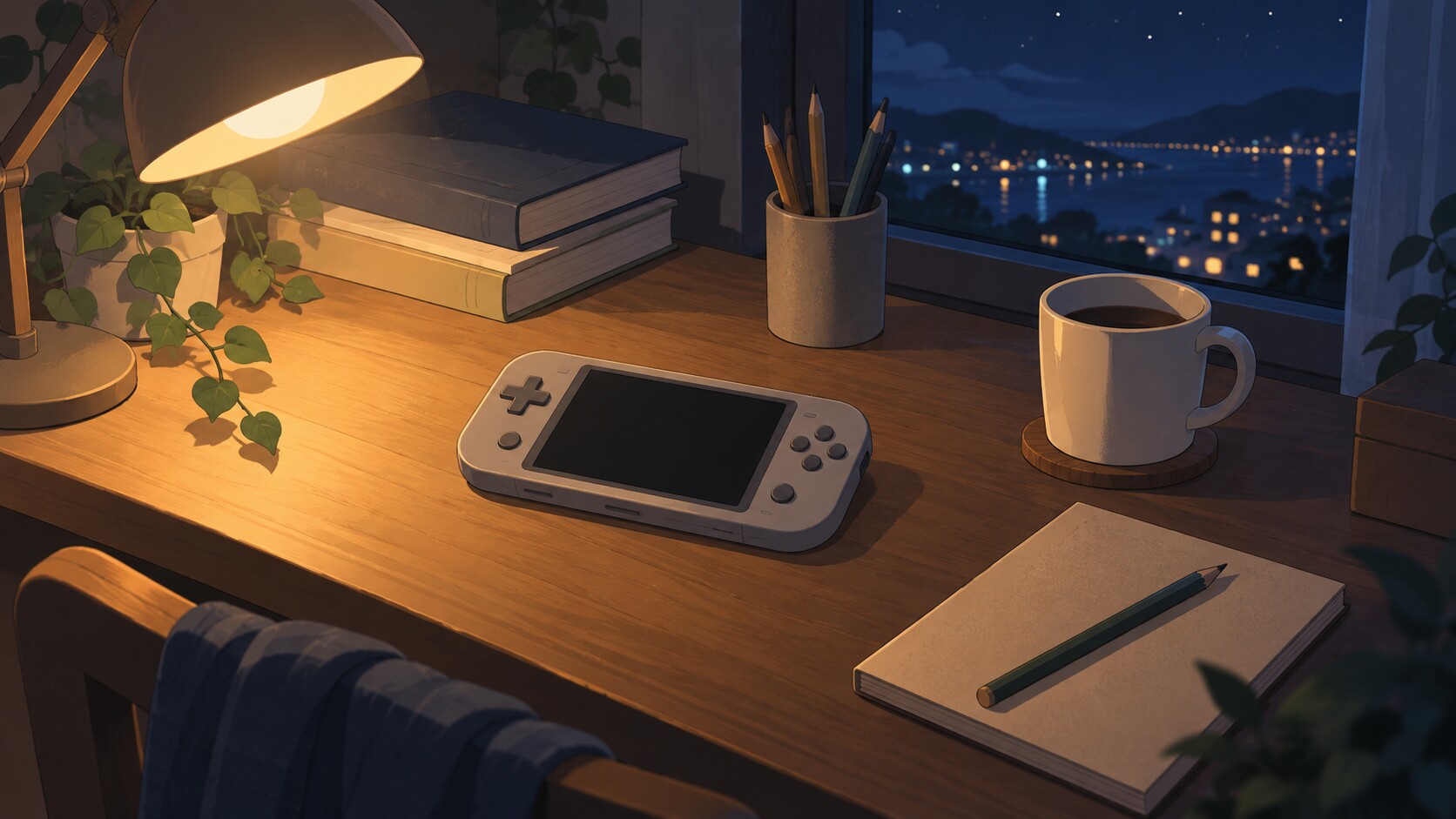 夜の机に置かれた画面の消えた古いゲーム機