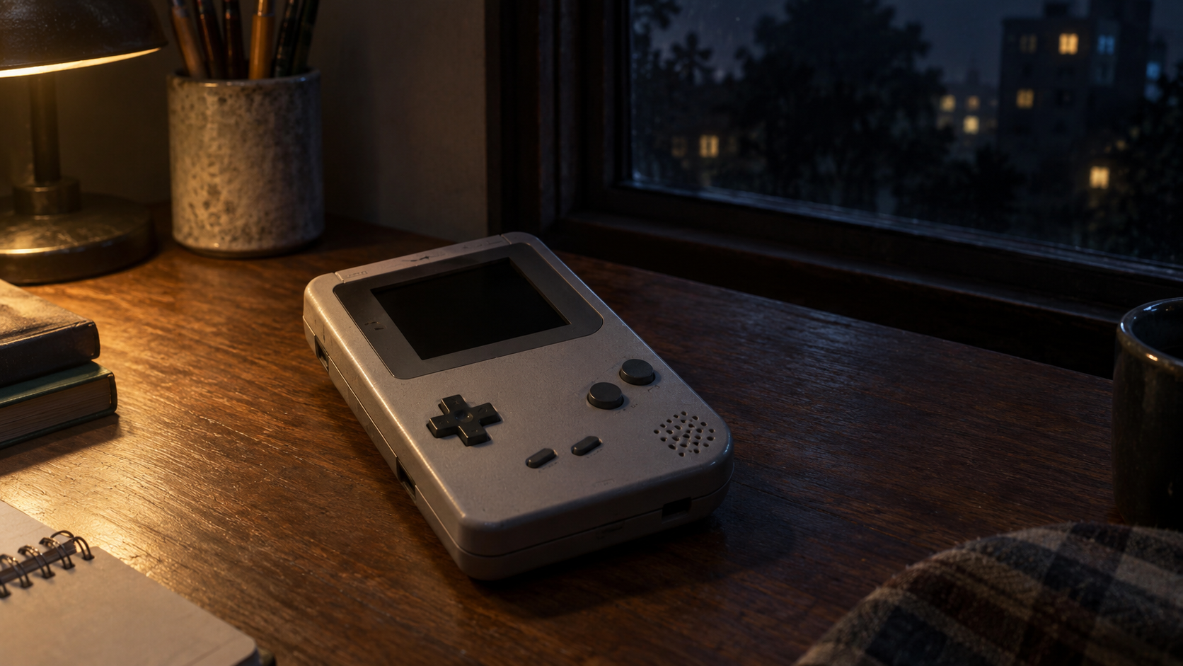 夜の机に置かれた画面の消えた古いゲーム機
