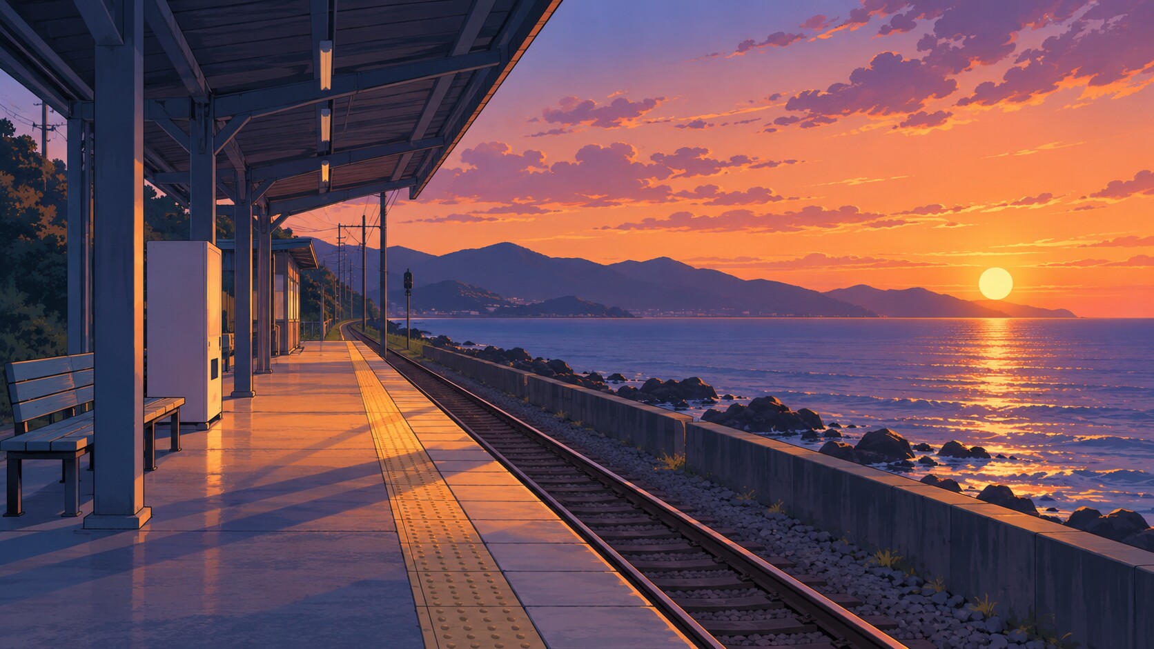 夕暮れの誰もいない駅のホーム