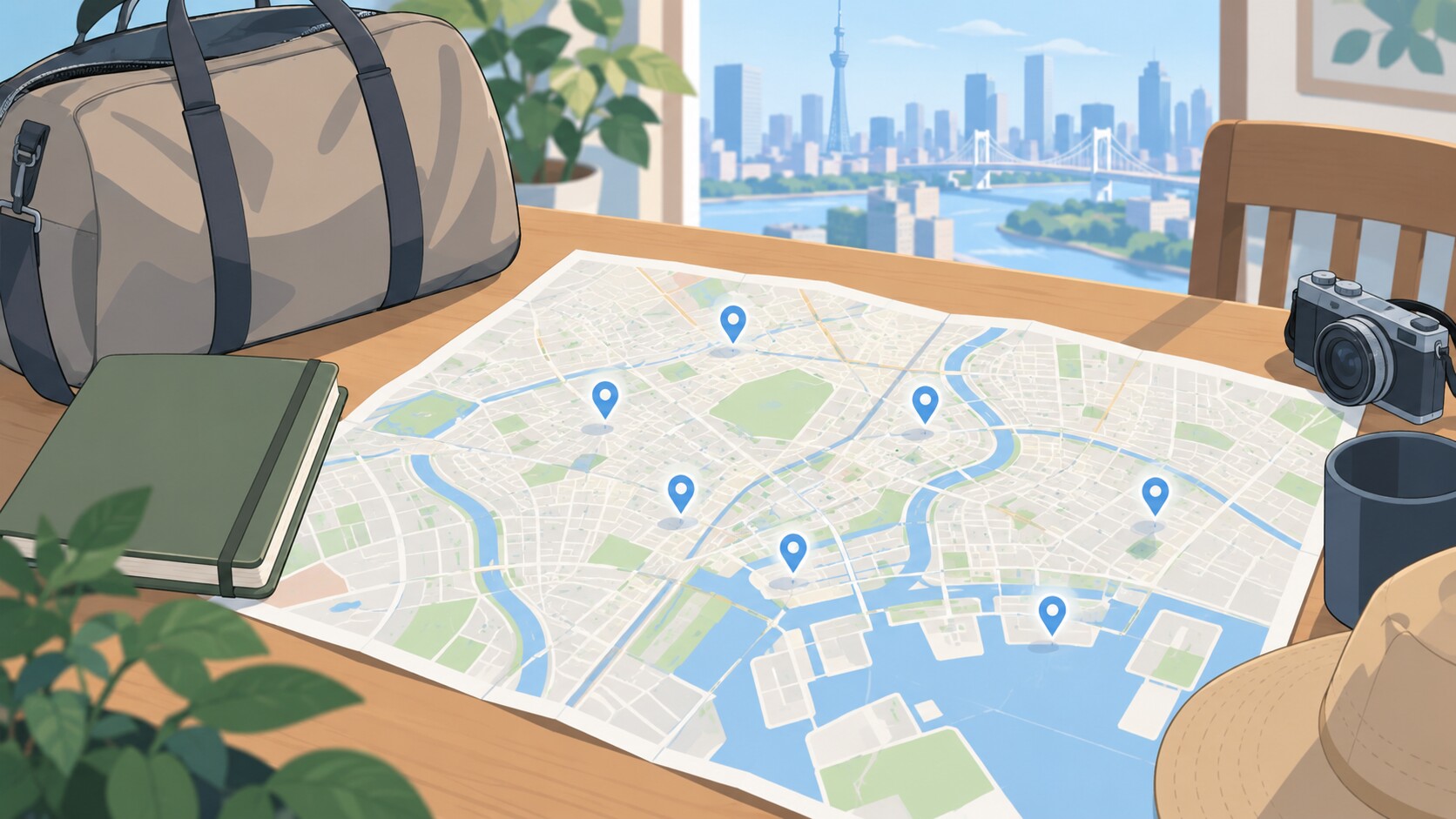 東京エリアの抽象地図にピン（住所未発表のイメージ）