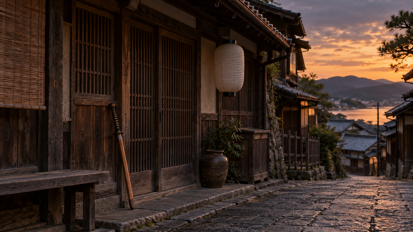 夕暮れの誰もいない木造の店先と木刀