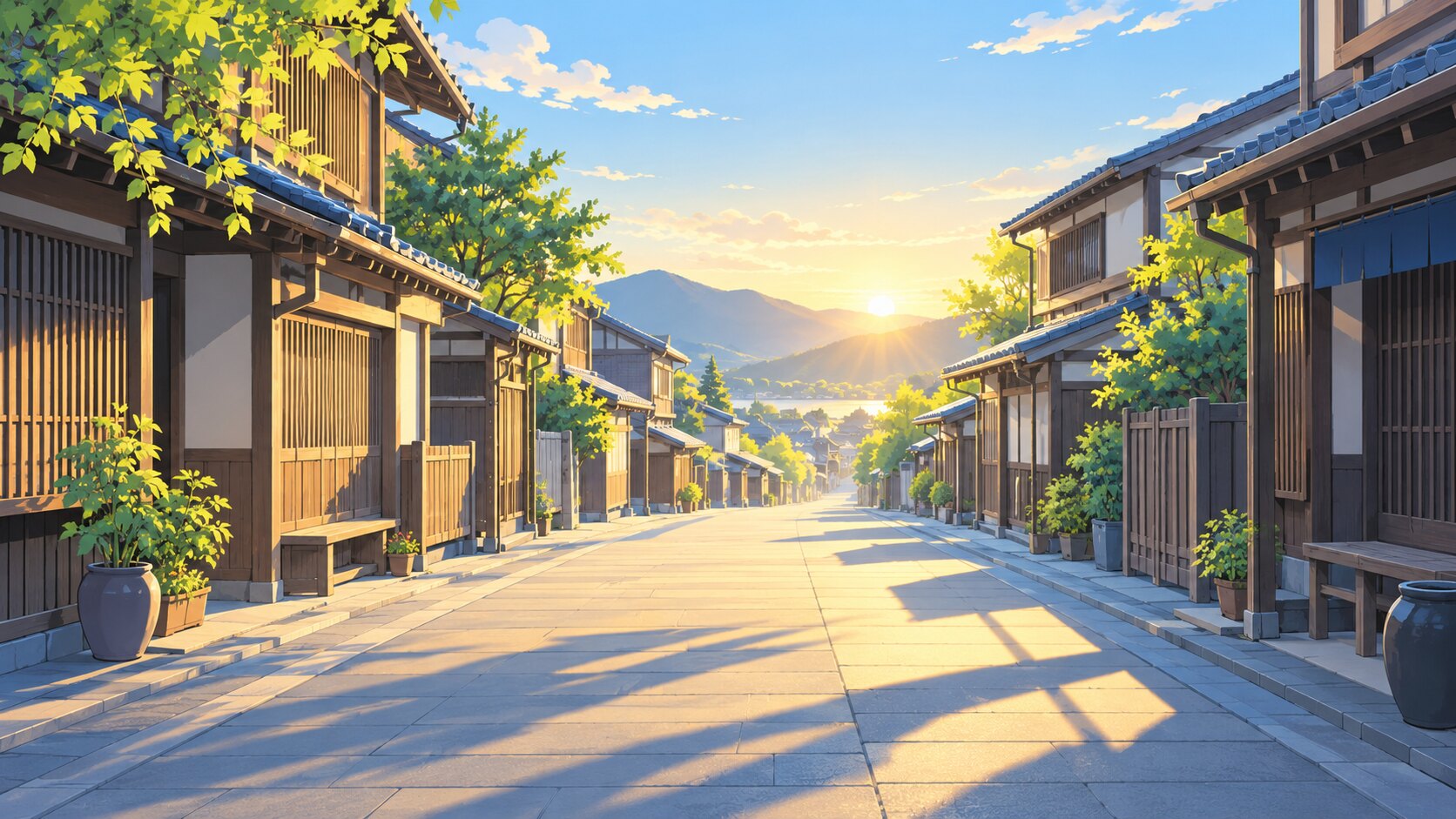 朝日の差す、誰もいない通り