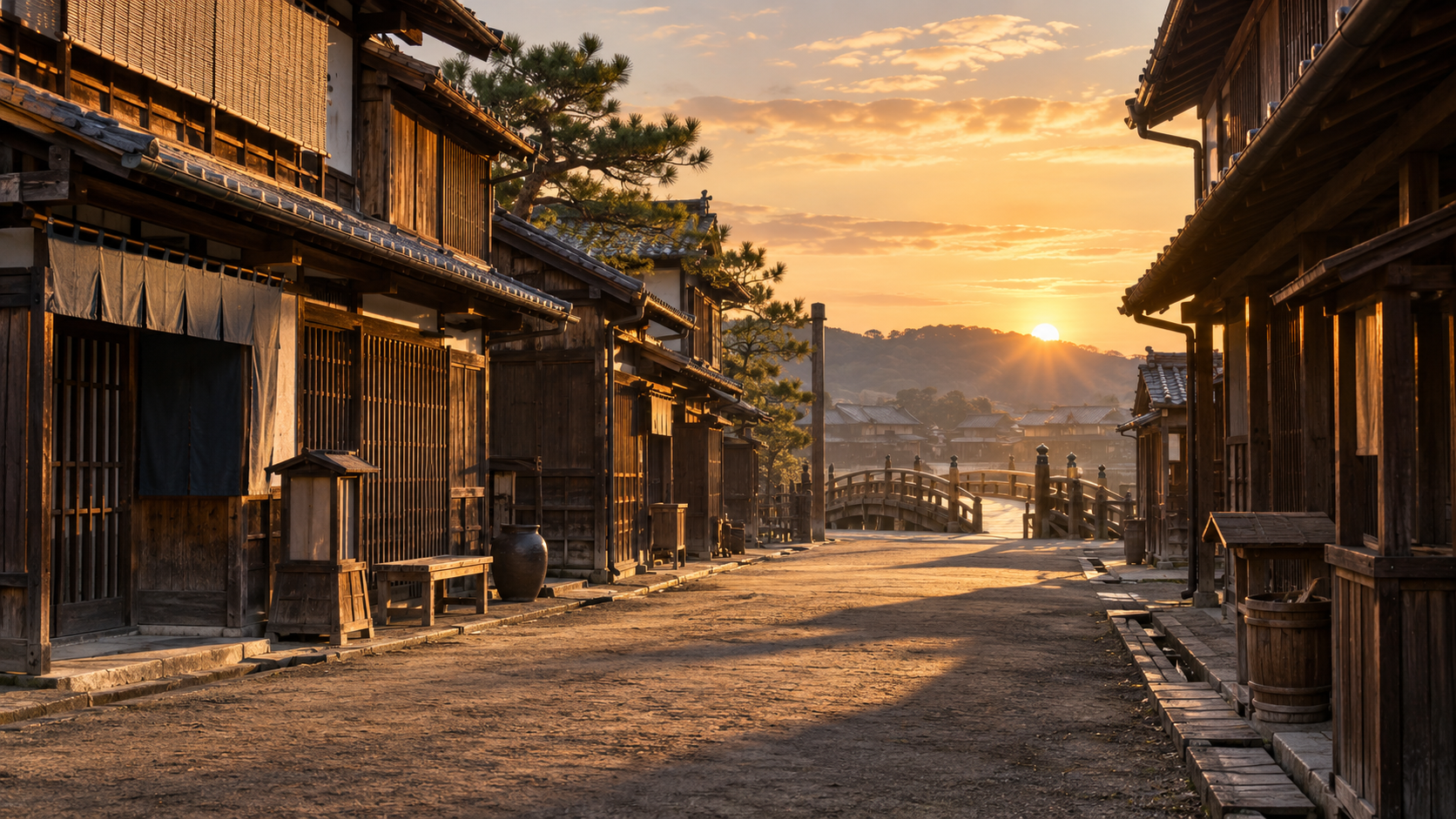 朝日の差す、誰もいない通り