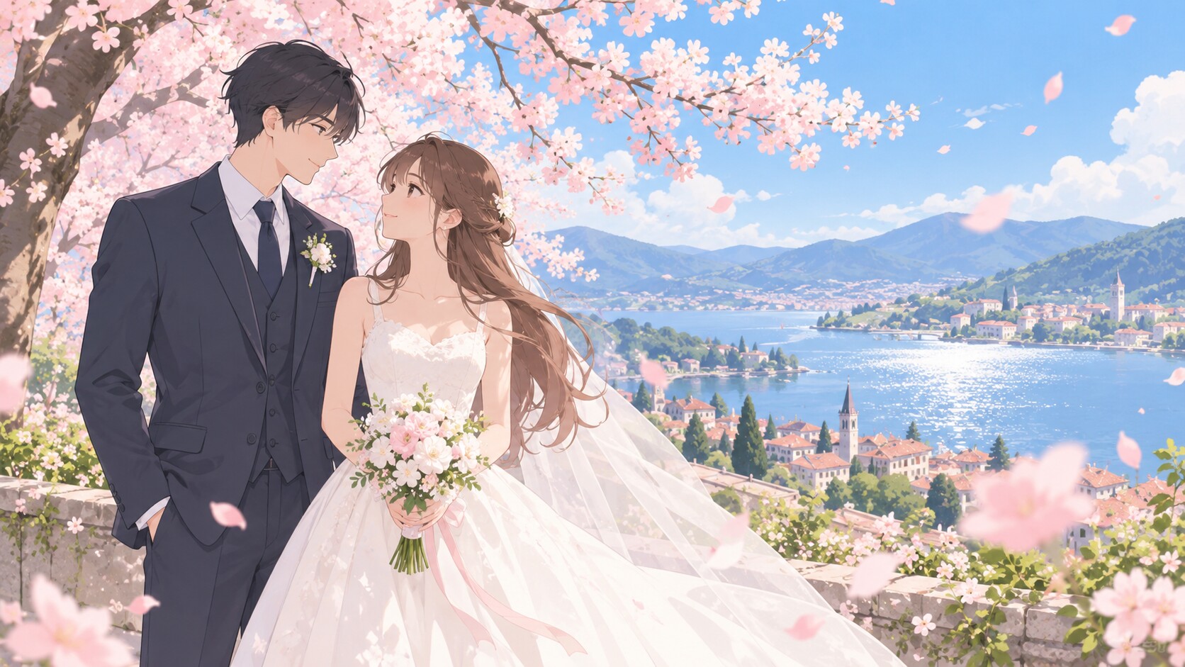 桜の下で並ぶ、オリジナルの白いドレスの女性とスーツの男性