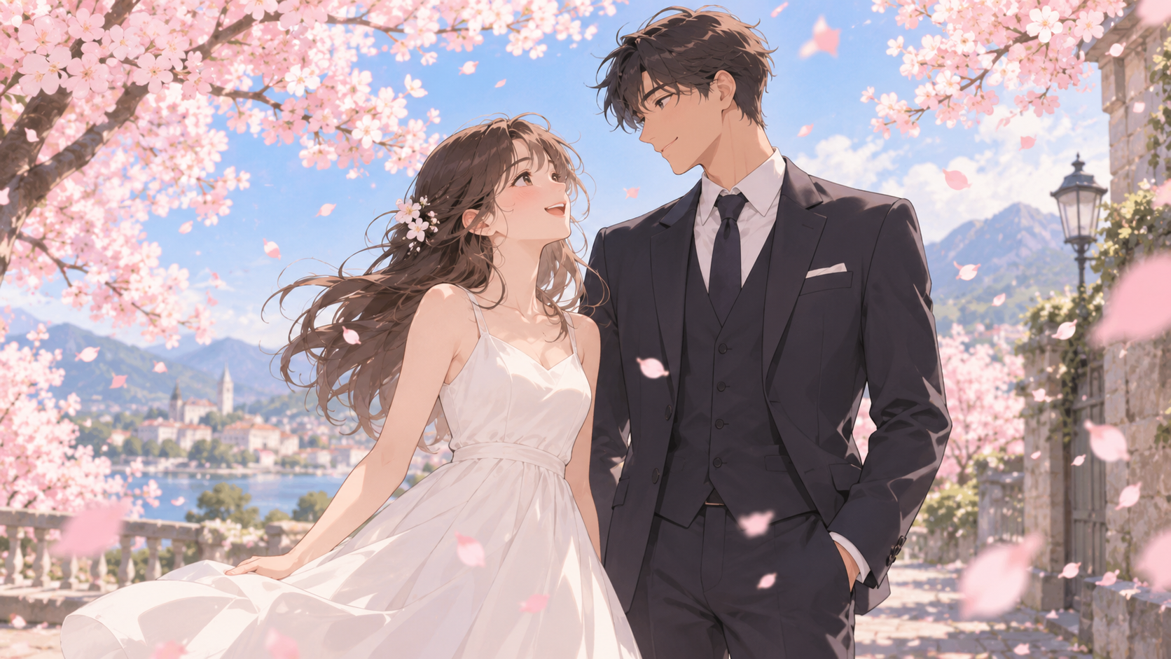 桜の下で並ぶ、オリジナルの白いドレスの女性とスーツの男性