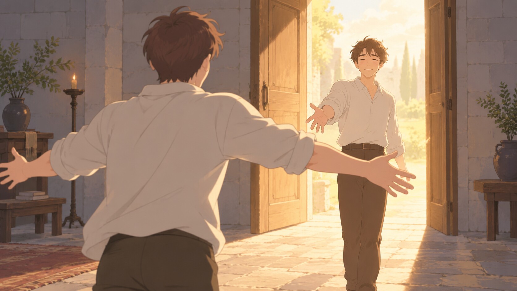 光の扉の前で向かい合う、オリジナルの二人