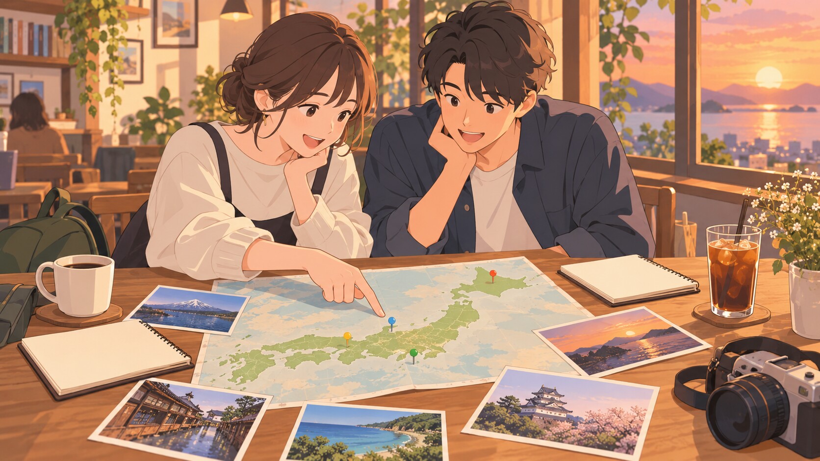 カフェで地図を見ながら巡回会場を探すファンのイラスト