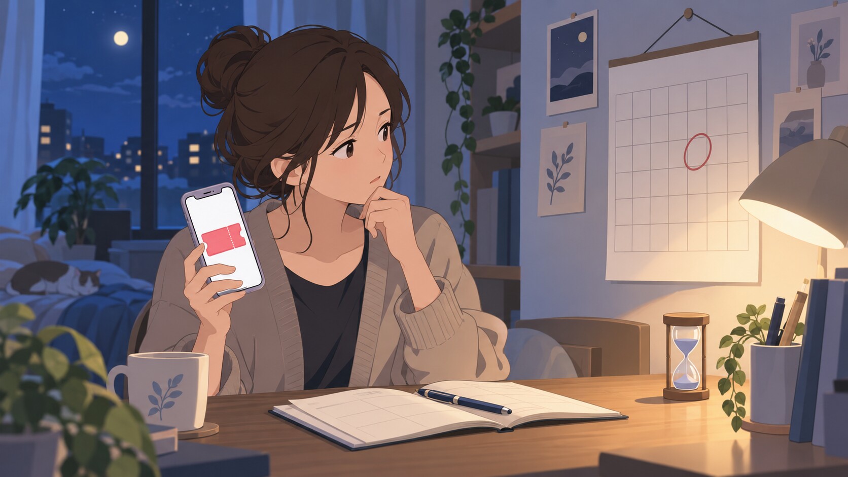 夜の部屋でスマホのチケット画面とカレンダーを確認するイラスト