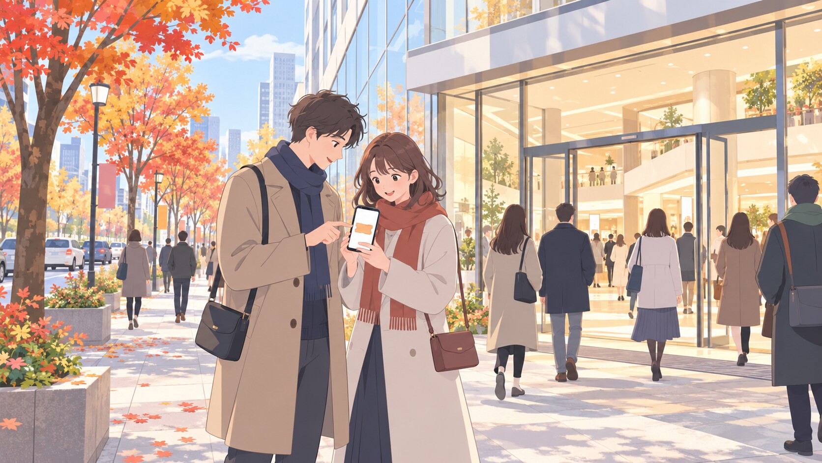 秋の百貨店へ向かう来場者のイラスト