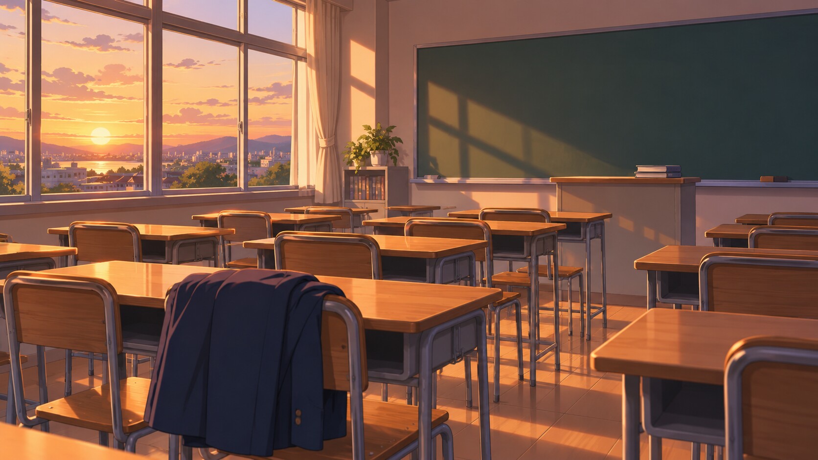 夕暮れの誰もいない教室と、椅子に置かれたスーツ