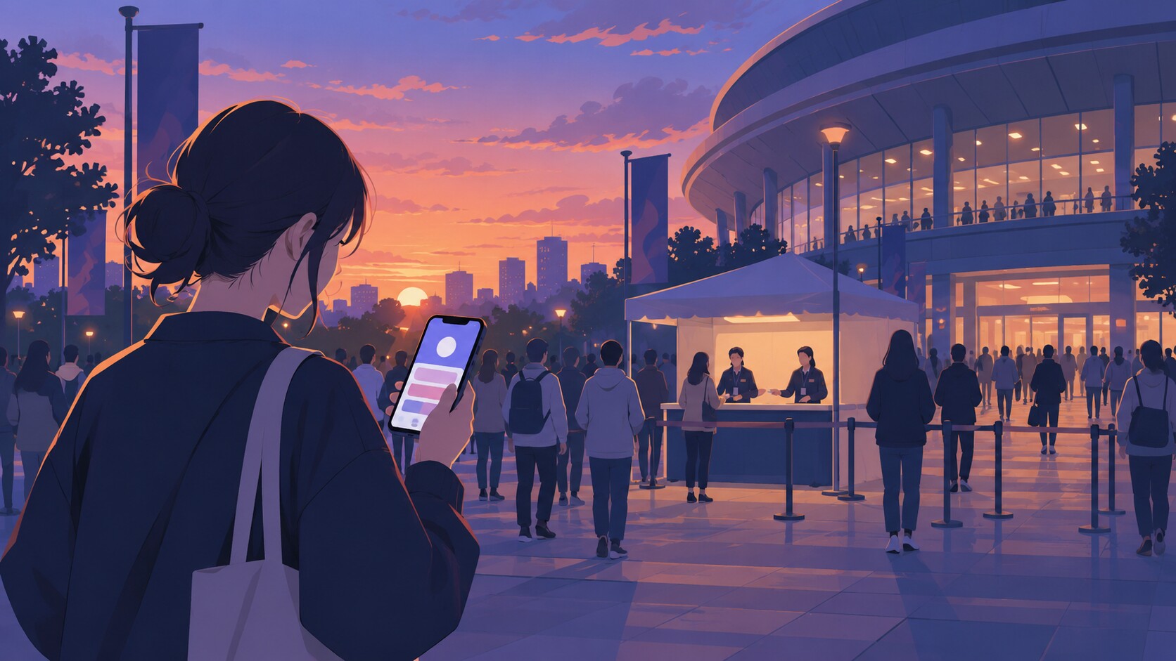 会場前で当日券とスマホを確認するイメージ